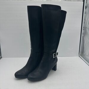 Abella Megan Women Black Knee High Boots Size 7.5 M Wide Calf Stretch Block Heel